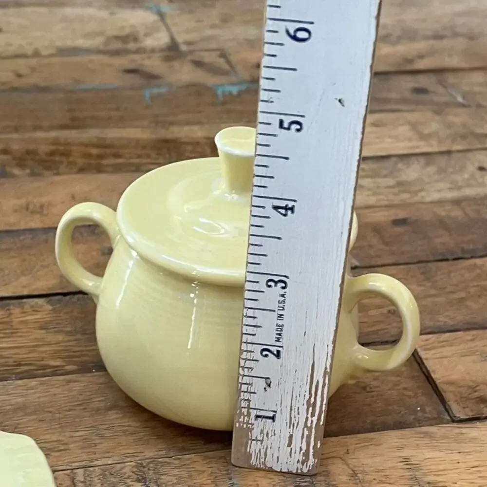 Vtg Fiesta Ware Yellow Set of Creamer Covered Sugar Tray Cups & Saucers